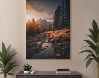 Mountain Stream Canvas Print - Autumn Sunset Landscape Wall Art - Fall Nature Decor - Cozy Cabin Living Room - Nature Lover Gift