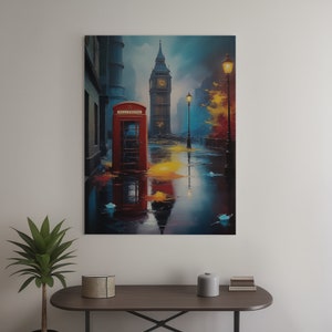 Big Ben y cabina telefónica roja de noche Expresionismo Lienzo Cartel Acrílico listo para colgar Salón Dormitorio Decoración de pared