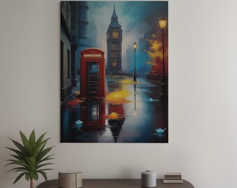 Big Ben London Canvas Print - Red Phone Box Wall Art - British Travel Decor - UK Landmark Painting - England Lover Gift
