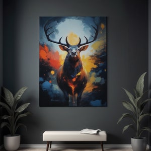Imponente ciervo en estilo expresionista de pintura empastada Lienzo Cartel Acrílico listo para colgar Salón Dormitorio Decoración de pared