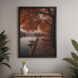 Passerella autunnale sul lago Arte del paesaggio Tela Poster Acrilico Pronto da appendere Soggiorno Camera da Letto Decorazione Murale