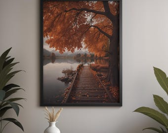 Autumn Bridge Canvas Print - Fall Lake Landscape Wall Art - Cozy Cabin Lodge Decor - Mountain Scenery - Nature Lover Gift
