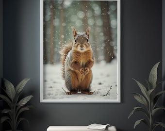 Squirrel in Snow Canvas Print - Winter Wildlife Photography - Woodland Nursery Wall Art - Cozy Cabin Decor - Christmas Gift for Her