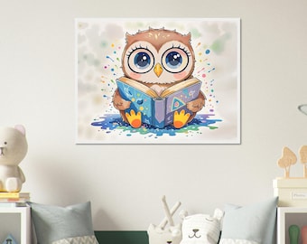 Reading Owl Canvas Print - Book Lover Nursery Wall Art - Woodland Animal Kids Room Decor - Library Theme - Baby Shower Gift