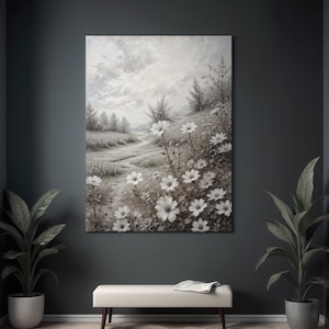 Paisaje monocromo con camino de flores Pintura impresionista Lienzo Cartel Acrílico listo para colgar Salón Dormitorio Decoración mural