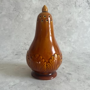 Può includere: Un saliera in ceramica marrone con corpo a forma di pera e base piccola e rotonda. La parte superiore presenta diversi piccoli fori per erogare il sale. Il corpo presenta un motivo decorativo a foglie. La saliera è alta circa 13 cm.