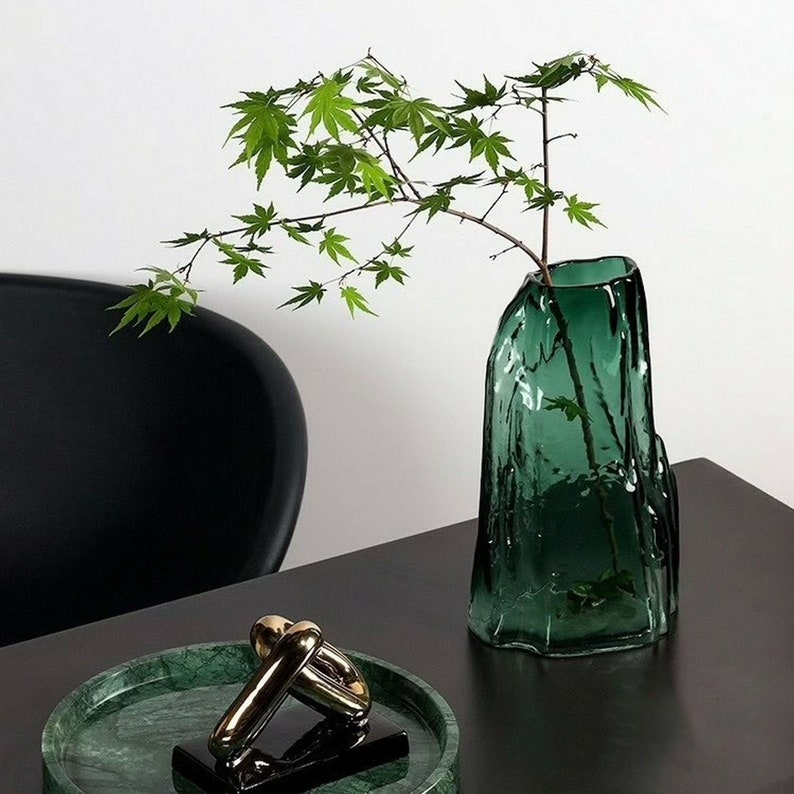 Elegant Green Glass Vase With Unique Textured Design Modern Sculptural Green Glass Flower Vase ...