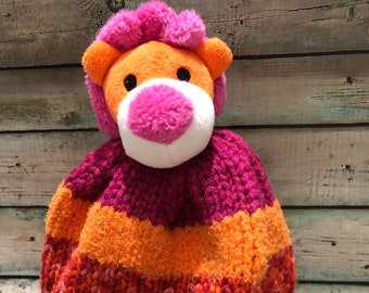 Handmade handknit Top This Animal Hat Baby Toddler Lion red purple orange maroon