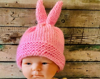 Hand knit Baby Bunny Hat Beanie Toque Bunny Ears photo prop Easter Gift Newborn Baby Gift Soft Washable Dryable Pink Yellow Brown Print