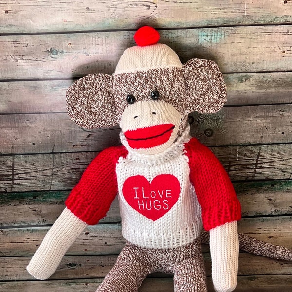 Valentine Sock Monkey Doll Classic Rockford Red Heel  Handmade Handcrafted with Knitted I Love Hugs Pullover Turtleneck Sweater