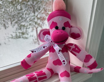 Handmade Sock Monkey Doll Stuffed Animal Easter gift Pink dark Pink Hearts Team Pink LOVE ribbon Gift for baby teen adult dementia support