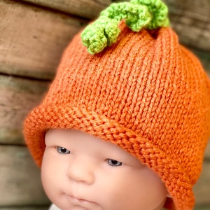 Hand-knit Baby Pumpkin Hat: Orange Acrylic Beanie with Curly Stem
