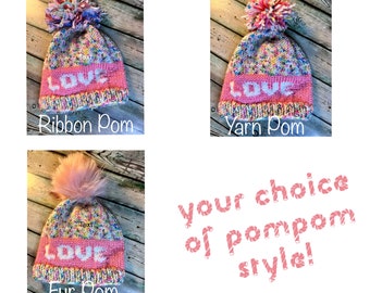 Personalied Name knit baby hat, LOVE Valentine gift, fur, yarn or ribbon pompom, unique baby gift, hand knit baby hat, baby gift knitted hat