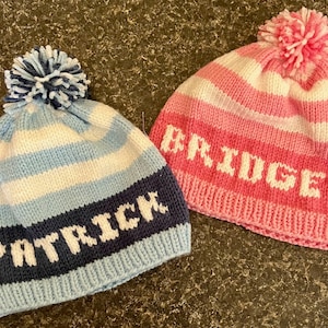 Personalized Knitted Baby Hat: Hand Knit Name Beanie, Newborn Baby Toddler Child Sizes