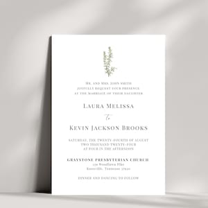 Plantilla de invitación de boda de romero botánico a base de hierbas, hojas verdes de romero dibujadas a mano, invitación de boda clásica y atemporal