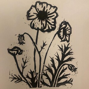 Grabado en linóleo de amapolas, grabado en linóleo de flores, arte mural floral, grabado, arte hecho a mano, impreso a mano, regalos, amapolas, pequeñas impresiones en linóleo