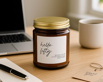 Hello Fifty Personalized Birthday Candle | Coconut-Soy Wax | Custom Label Gift | Hand-Poured | Clean Burn