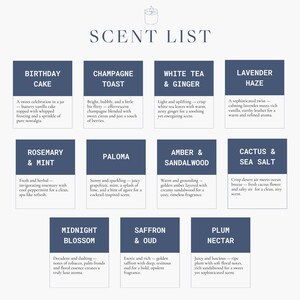 May include: A scent list detailing various fragrances. Each scent is presented on a navy blue background with white text. Scents include Birthday Cake, Champagne Toast, White Tea & Ginger, Lavender Haze, Rosemary & Mint, Paloma, Amber & Sandalwood, Cactus & Sea Salt, Midnight Blossom, Saffron & Oud, and Plum Nectar.