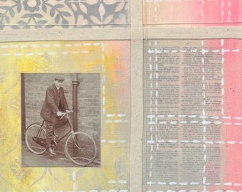 Finn: Man on Bike Mixed Media Collage Painting