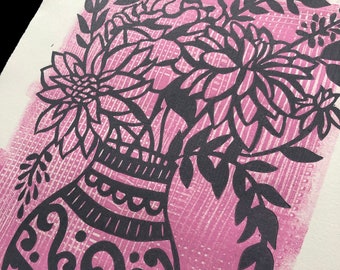 VASE 3 with PINK mono print background: handmade lino print, floral artwork, print, home decor, wall art, original artwork