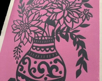 VASE 3 WITH PINK: handmade lino print with vase of flowers, floral artwork, print, home decor, wall art, original artwork