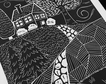 HOME SWEET HOME: handmade lino print with whimsical trees and cottage in the countryside, print, home decor, wall art, original artwork