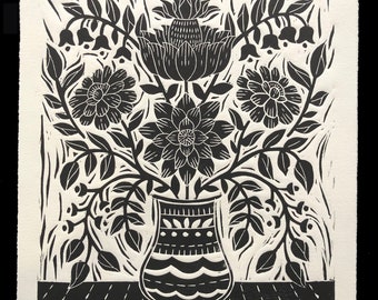 VASE 5: handmade lino print of vase of flowers, floral artwork, print, home decor, wall art, original artwork