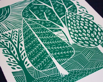 FOREST: handmade lino print with whimsical trees and leaves, print, home decor, wall art, original artwork