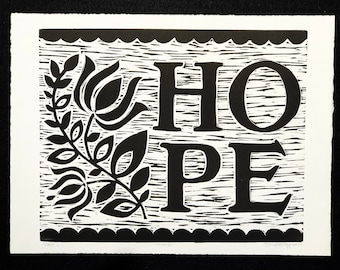 HOPE: handmade lino print with floral, floral artwork, print, home decor, wall art, original artwork, inspirational art