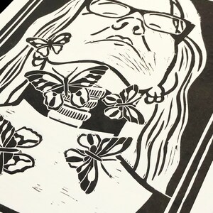 RELEASE: handmade lino print with butterfly coming out of neck, original artwork, print, home decor, wall art, original artwork