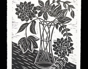 VASE 2: handmade lino print with vase of flowers, floral artwork, print, home decor, wall art, original artwork