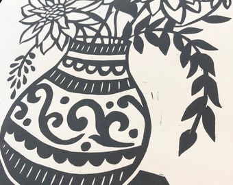 VASE 3: handmade lino print with vase of flowers, floral artwork, print, home decor, wall art, original artwork