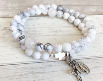 Women&#39;s Rosary Bracelet: Glory White | Stretch and Wrap Wrist Rosary