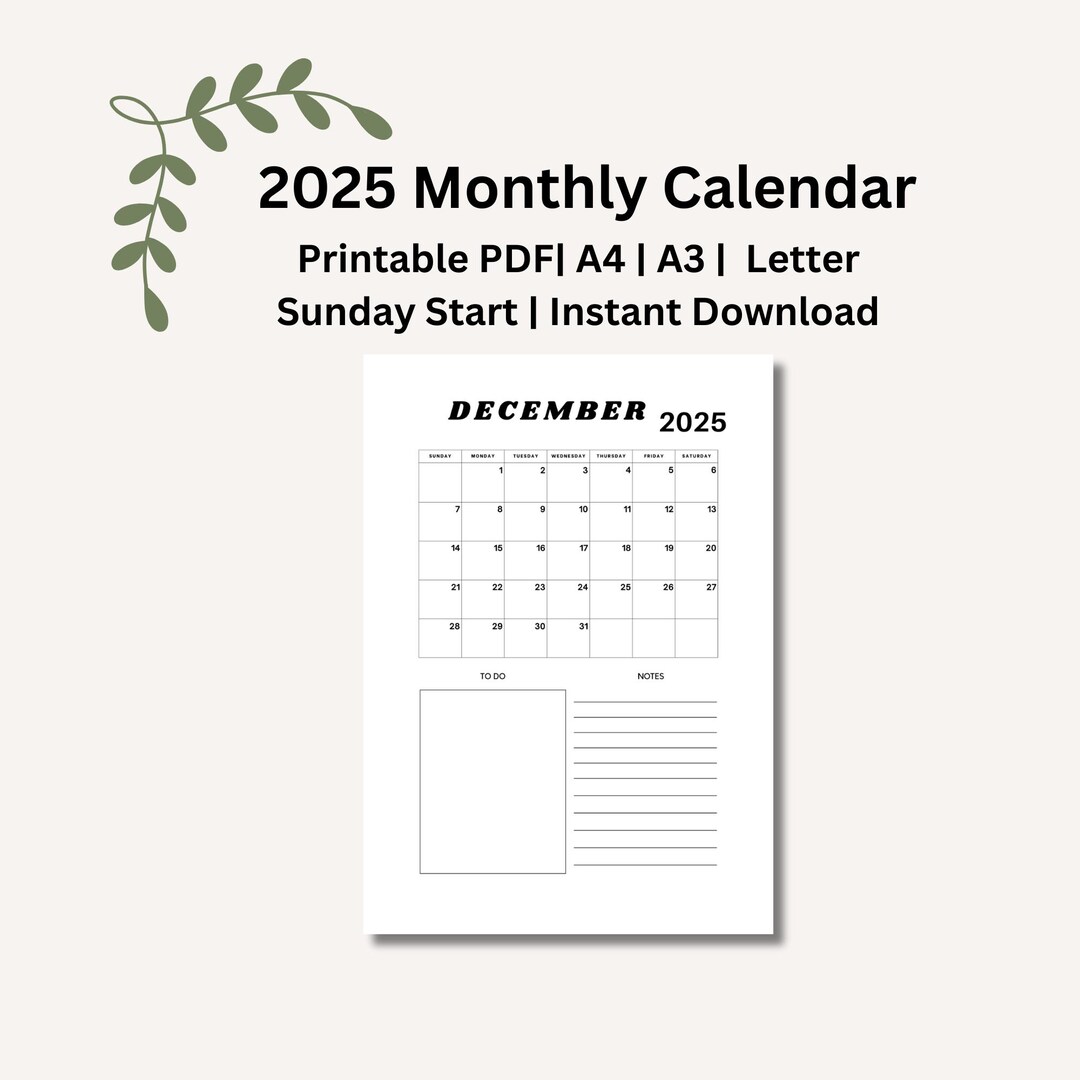 2025 Calendar PDF , Printable Calendar 2025 , Monthly to Do List, 2025