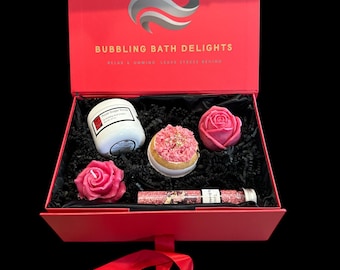 Rose Scented Spa Gift Box – Bath Bomb, Epsom Salt, Soap, Sugar Scrub & Candle – All-Natural Self-Care Gift for Her