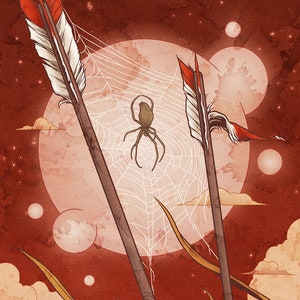 May include: Two arrows with red and white feathers are stuck in the ground, surrounded by tall grass. A spider web hangs between the arrows, with a spider in the center. The background is a red sky with white clouds and stars.