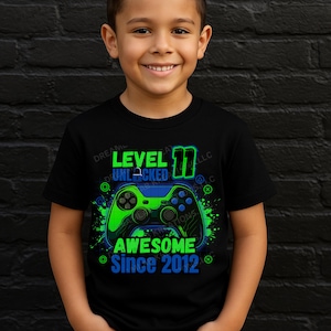 Level 11 Unlocked Gamer Birthday PNG | Neon Green & Blue Video Game Birthday Shirt Design | Instant Download