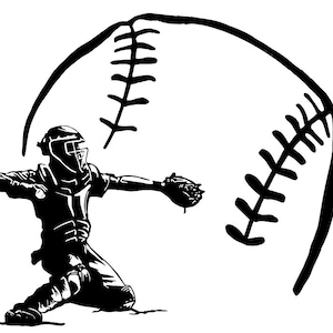May include: Black and white illustration of a baseball catcher in action, catching a baseball. The catcher is wearing a helmet and protective gear. A large baseball is in the background.