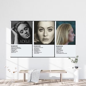 Puede incluir: Tres portadas de álbum en blanco y negro con Adele. La primera portada de álbum es para "21" y se lanzó en 2011. La segunda portada de álbum es para "25" y se lanzó en 2015. La tercera portada de álbum es para "30" y se lanzó en 2021.