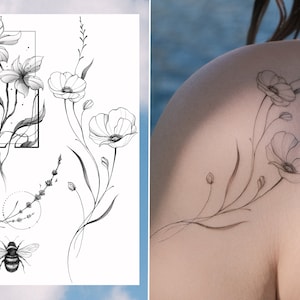 Temporäre Tattoos / botanische Hummel Lavendel Mohn Tattoos