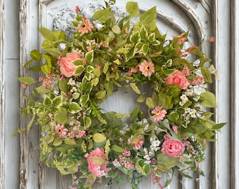 PINK ROSE SRING Wreath For Front Door, Cottage Garden Floral, Farmhouse,  Handmade Wreath