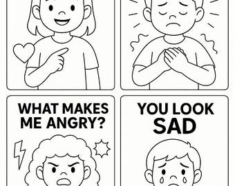 May include: Black and white illustration of four cards with different emotions. The first card says "Identifying Feelings" and shows a girl smiling and pointing to her heart. The second card says "Notice Your Body" and shows a boy with his hands on his chest looking sad. The third card says "What Makes Me Angry?" and shows a girl with her fists clenched looking angry. The fourth card says "You Look Sad" and shows a boy with tears in his eyes looking sad.