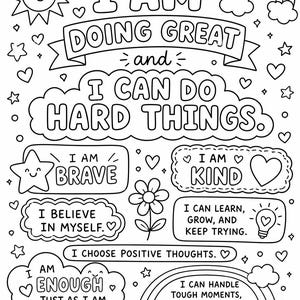 Può includere: Illustrazione in bianco e nero con affermazioni positive. L'immagine include frasi come «Sono coraggioso», «Sono gentile» e «Posso fare cose difficili». Elementi decorativi: sole, arcobaleno, stelle, cuori e fiori.