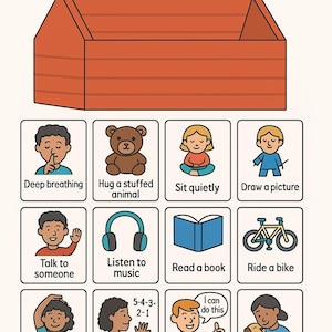 May include: An illustration titled "MY COPING TOOLBOX" features a toolbox above 12 illustrated coping strategies. These include deep breathing, hugging a stuffed animal, sitting quietly, drawing, talking, listening to music, reading, riding a bike, stretching, grounding, positive self-talk, and playing with a pet.