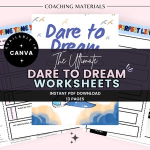 May include: A digital download of 13 printable worksheets titled "Dare to Dream: The Ultimate Dare to Dream Worksheets". The worksheets are designed to help people set goals and achieve their dreams. The image shows a colorful illustration of a boat sailing on a blue ocean with white clouds.