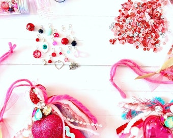 Scrappy Happy Fabric and Trims Valentine Tassel with Sequin Mix and Wire Wrapped Bead set