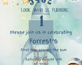 1st Birthday Invitation Space Theme, "1st Trip Around the Sun", Astronaut Party Invite, customizable, digital download, Canva template