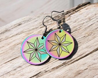 Cherokee Star earrings, engraved on stainless steel, native maker, indigenous goods, rainbow plated