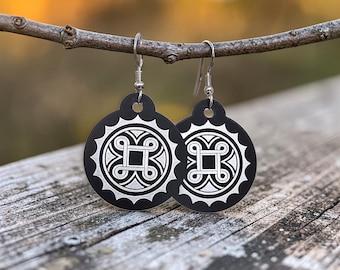Looped Square Earrings with Sun Border - Mvskoke / Muscogee, Cherokee and Southeastern Tribes Design - engraved on black metal