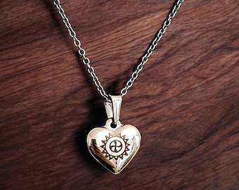 Sun Circle heart pendant - Southeastern Tribes, engraved on Stainless, Mvskoke / Muscogee Creek, Cherokee, Seminole, Choctaw, Chickasaw
